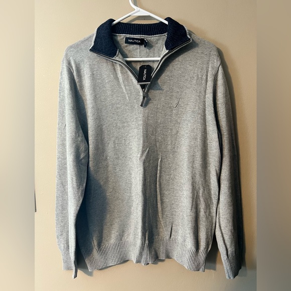 Nautica Other - Nautica sz L NWT 💯 cotton mens gray quarter zip pullover with navy blue collar.